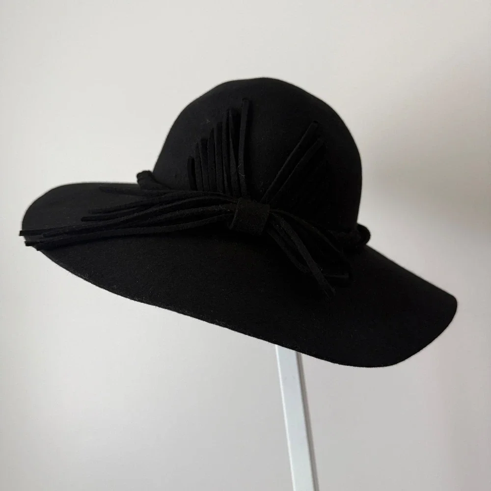 Jessica Simpson OS Black Wool Floppy Wide Brim Hat NWT Boho Felt Bow Fedora